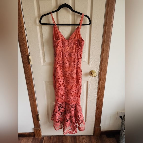 Pretty little thing Rust Lace Strappy Frill Hem Midi Dress Size 2 - Picture 2 of 3